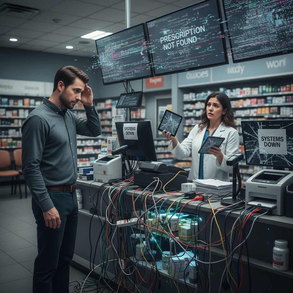 Confused parent at a pharmacy counter surrounded by glitching digital pharmacy screens and tangled wires, symbolizing broken healthcare automation and poor pharmacy customer experience.