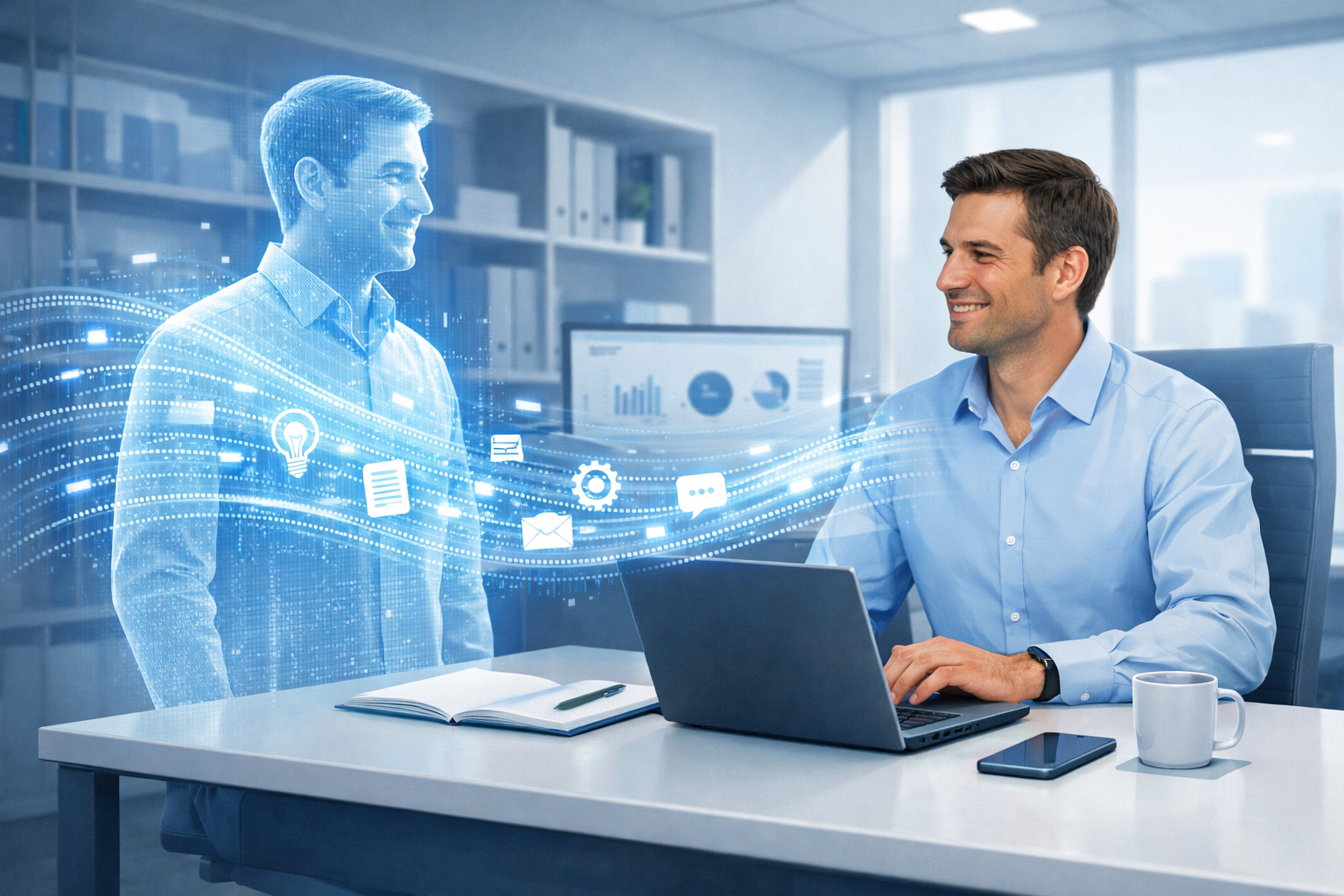 AI assistant helping new employee during digital onboarding process
